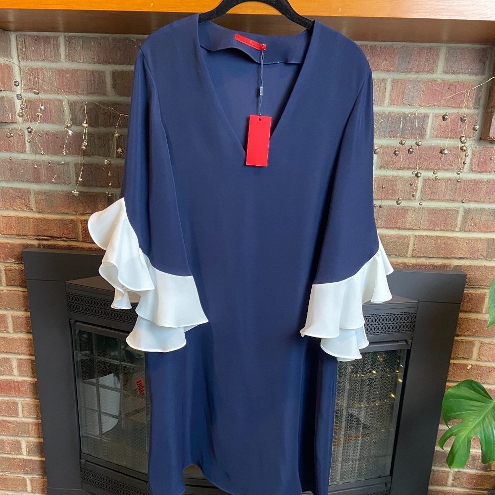 NWT Carolina Herrera Navy Blue and White Ruffle Sleeve Dress, Size M